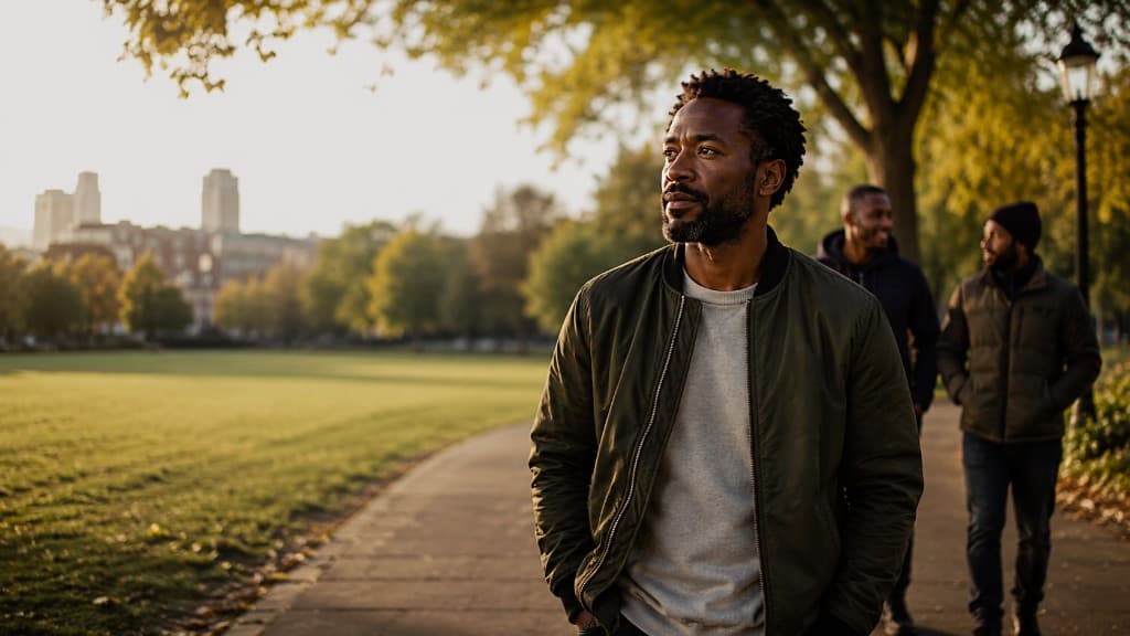 Men talking together in warm evening light at a park, calm and unhurried