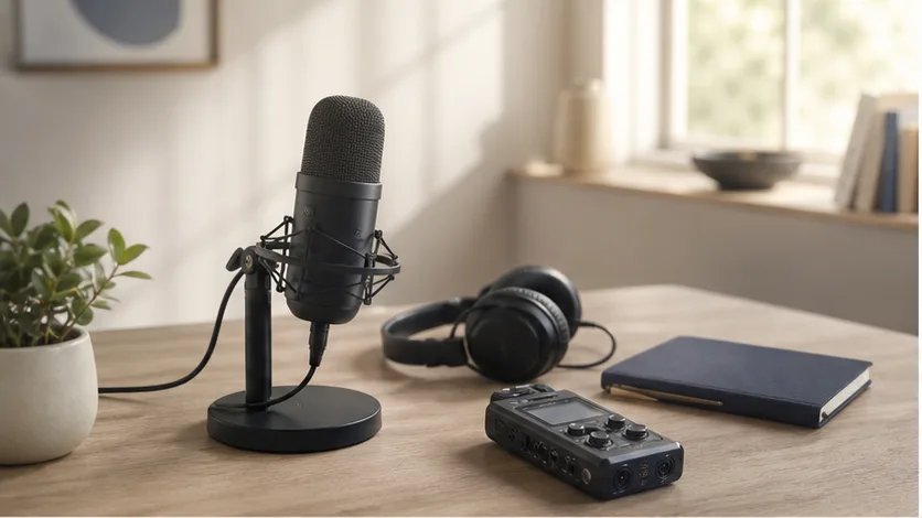 Decorative background suggesting podcast listening and conversation